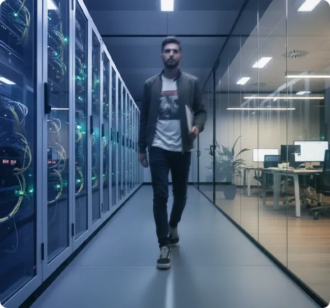 An image of a man walking through a server room