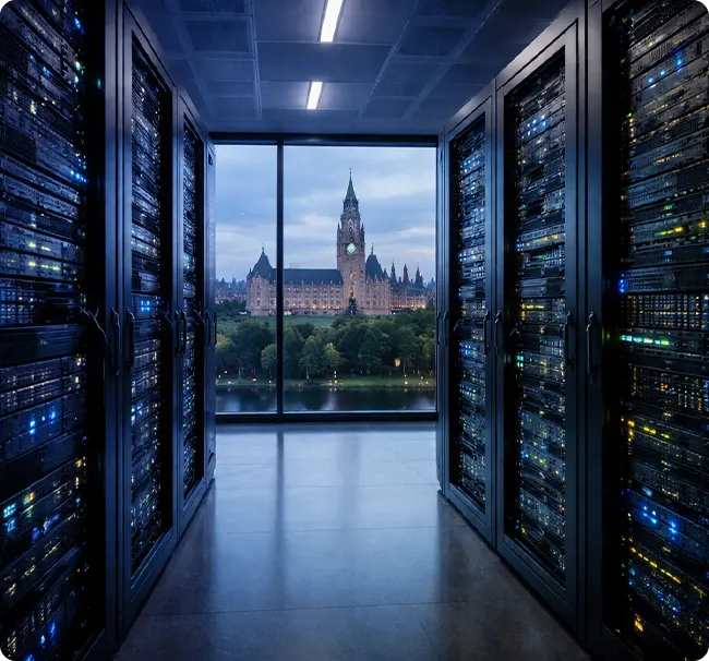 An image of a server room with a view of a castle out of the window