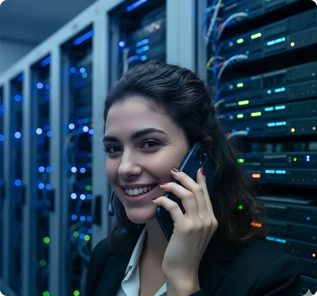 A woman speaking on the phone next to computer servers