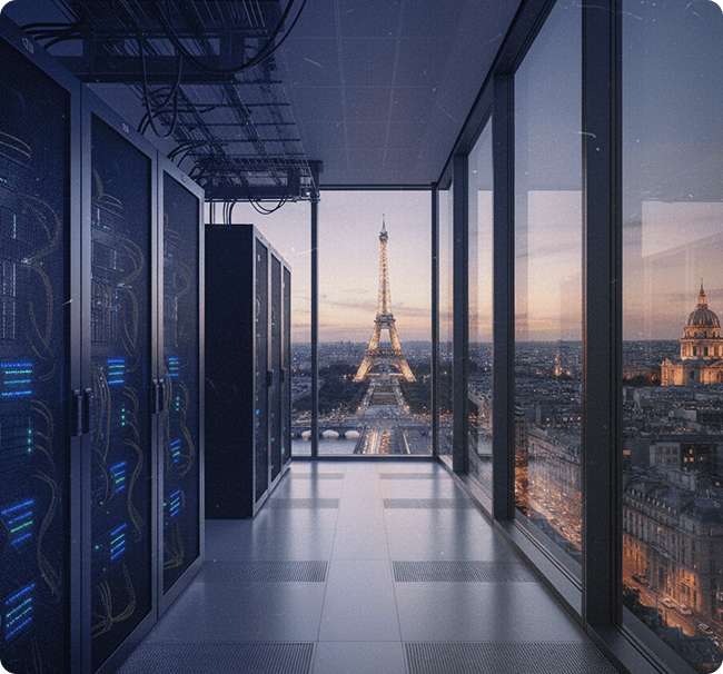 An image of a server room with a view of the Eiffel tower out of the window