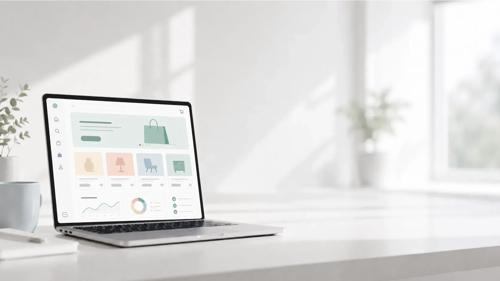 An image of a laptop against a white wall with a blurry dashboard on the screen