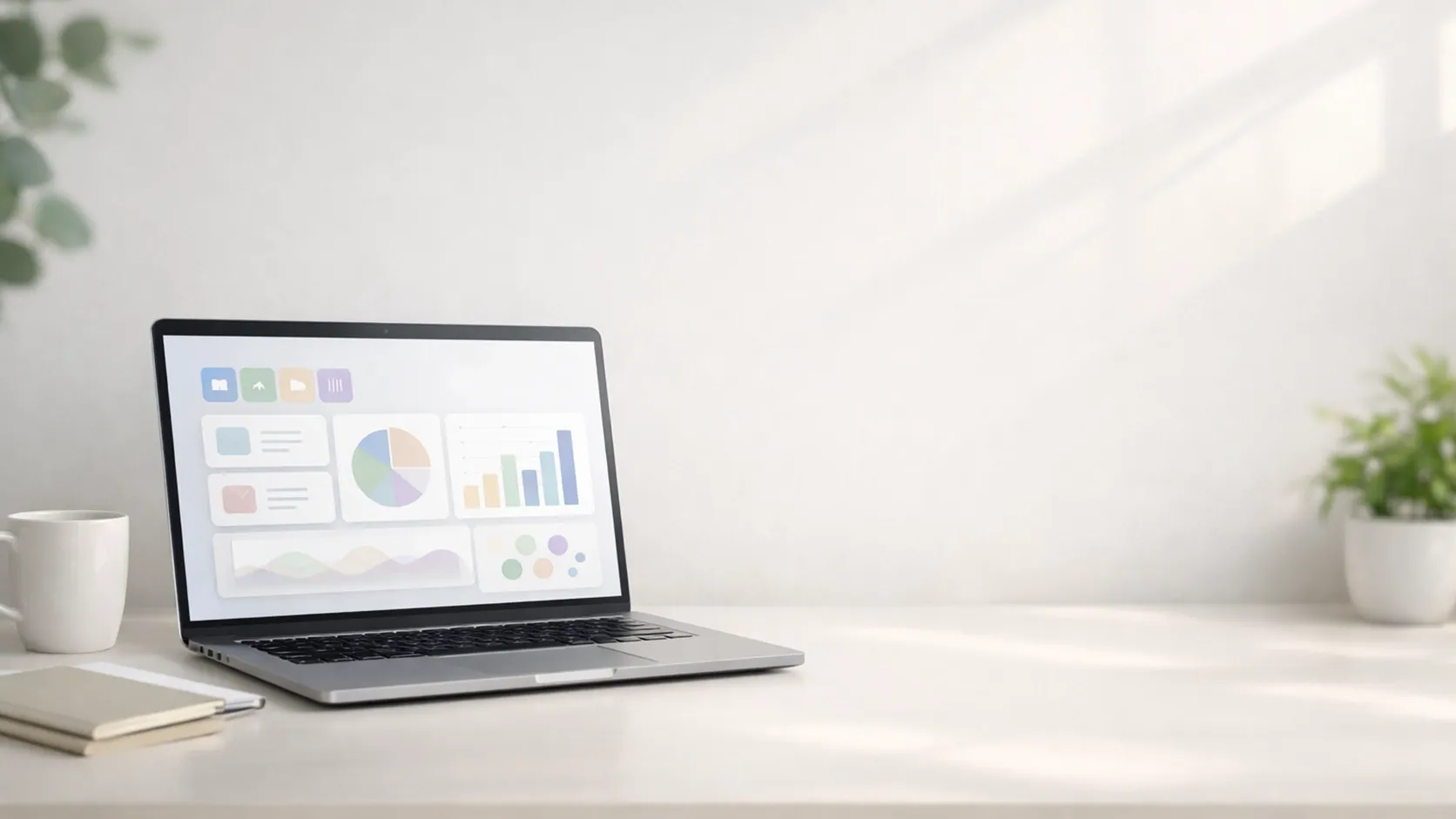 An image of a laptop on a white table with a blurry dashboard on the screen