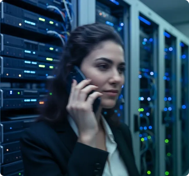 A woman talking on the phone next to data servers