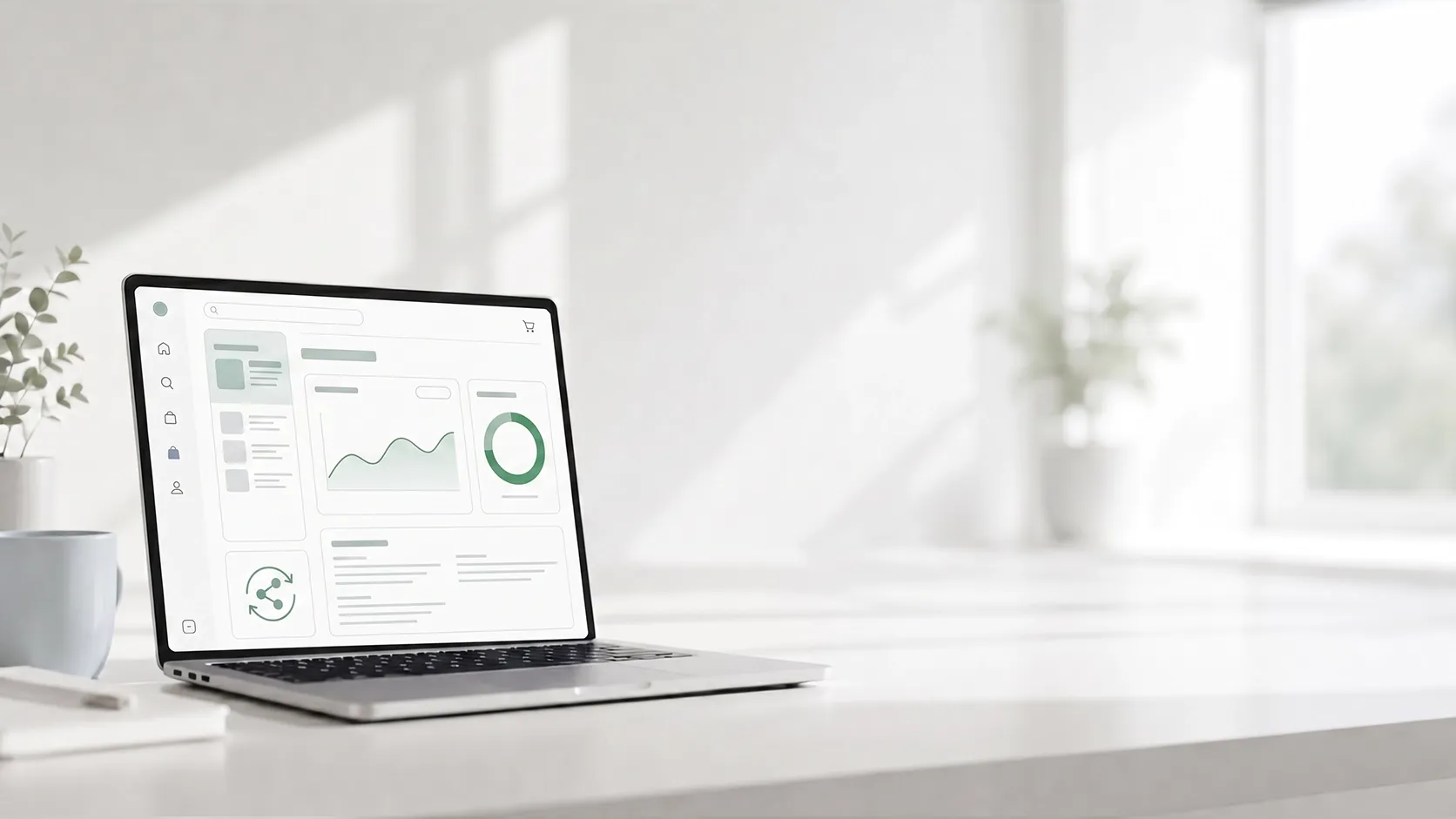 An image of a laptop against a white wall with a blurry dashboard on the screen