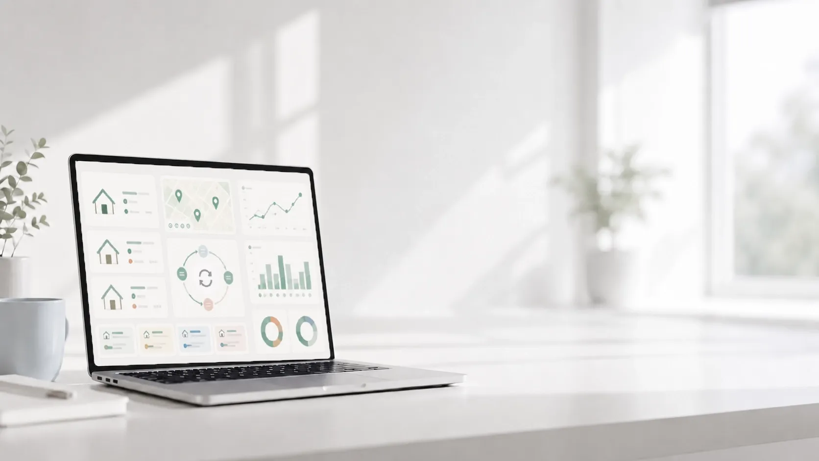 An image of laptop on a white table with a blurry dashboard on the screen