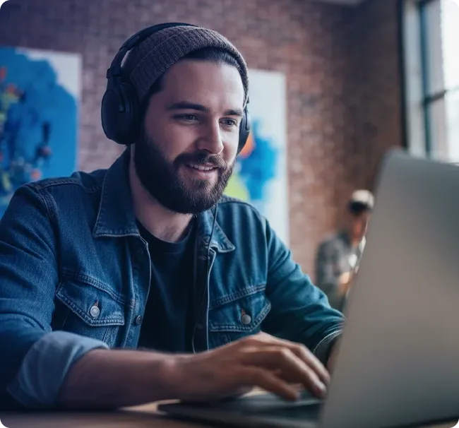 A man with a headset using his laptop