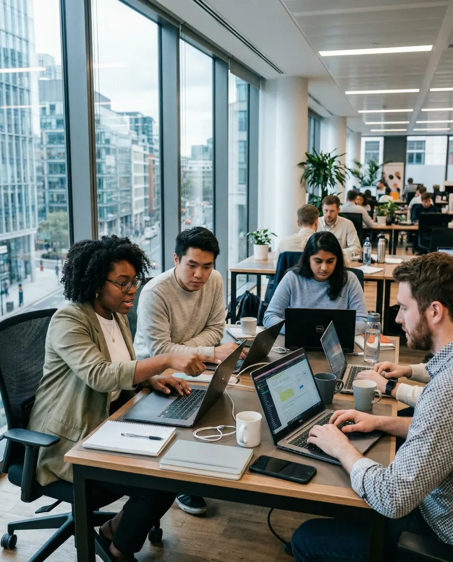 An image of a group of office workers all working together