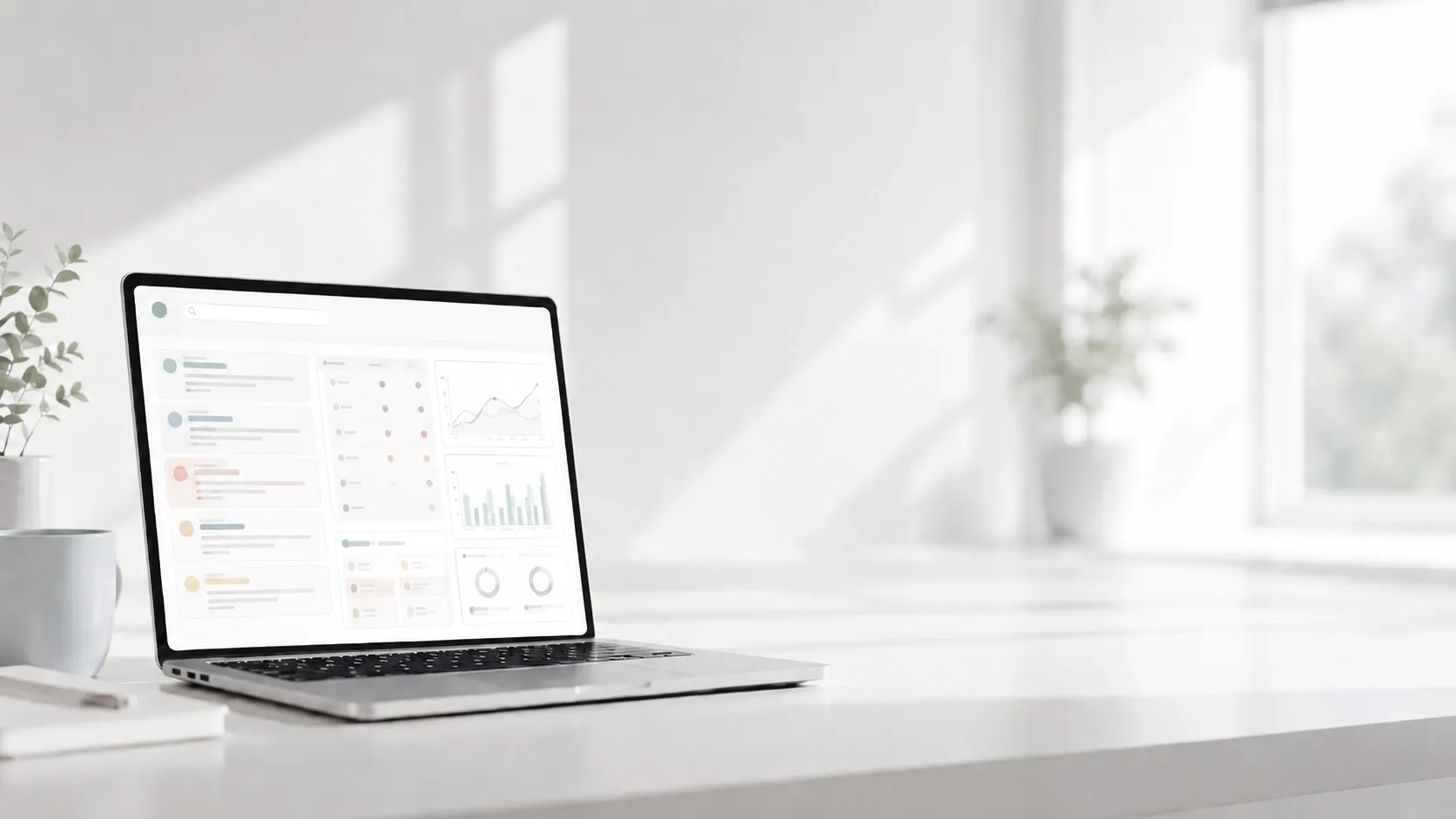 An image of a laptop against a white wall with a blurry dashboard on the screen